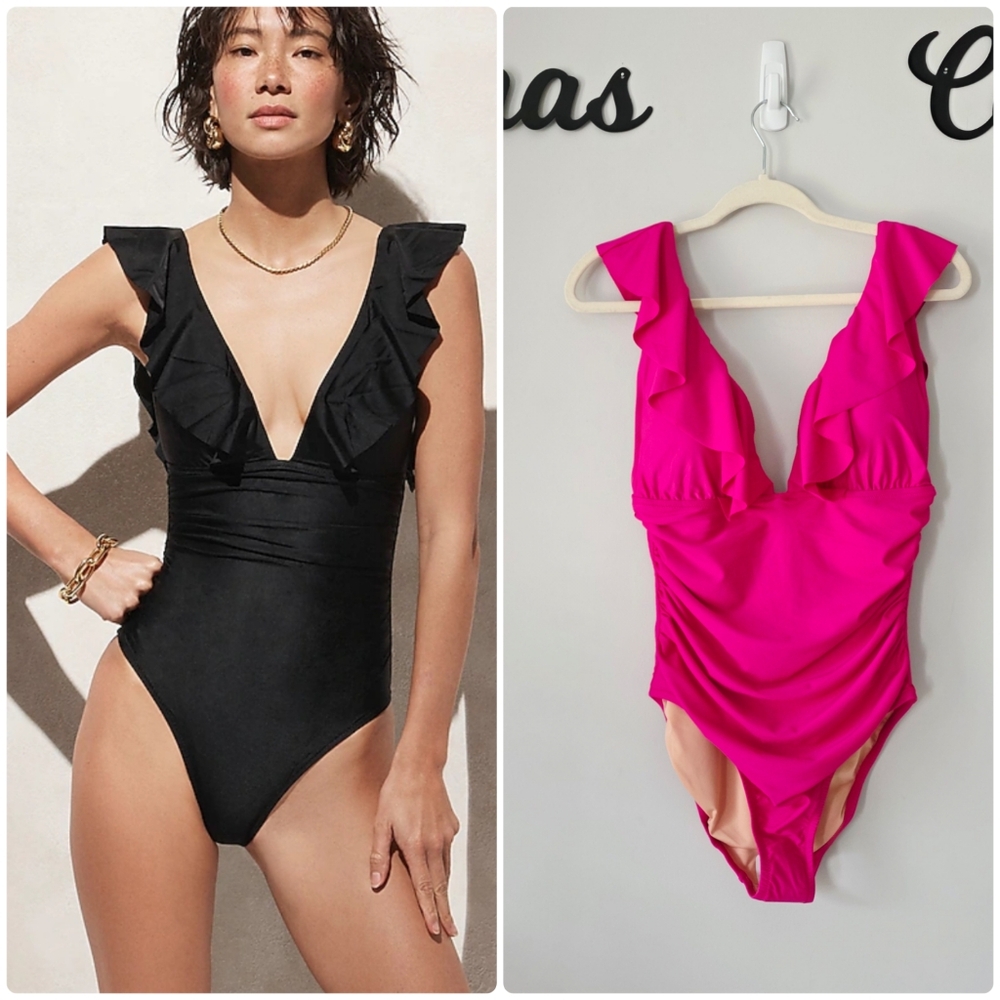 Ruffle V-Neck One-Piece Swimsuit - Black / Hot Pink